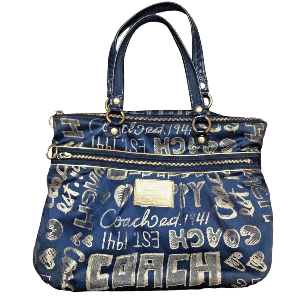 COACH Navy/Gold fabric double handle Bag